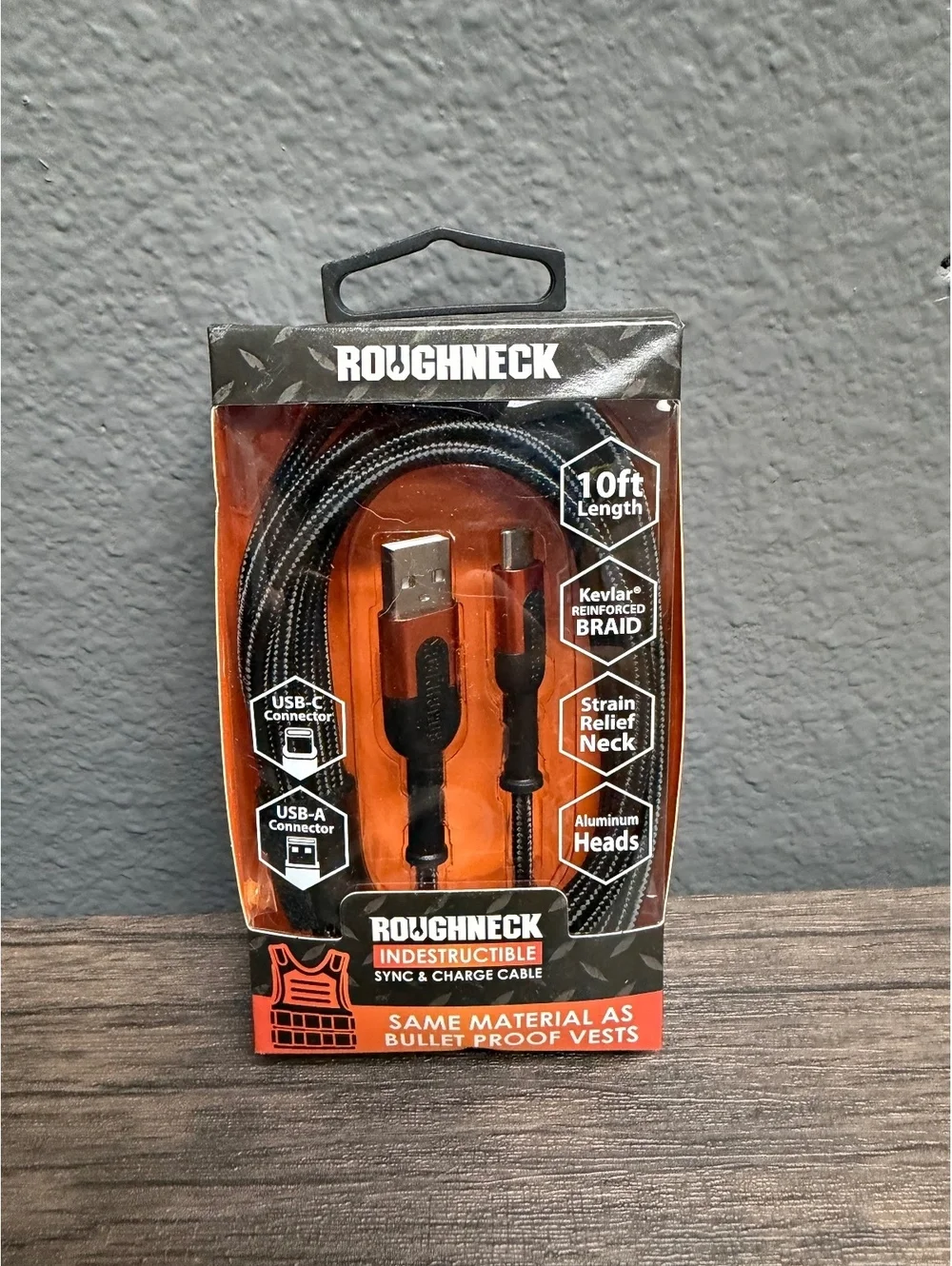 10ft Roughneck USB-C to USB-A Cable 2.4A Indestructible Black Cord New